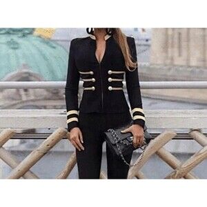 Luxedress Black Crop Jacket Metallic Trim High Neck Gold Buttons Full Zip M